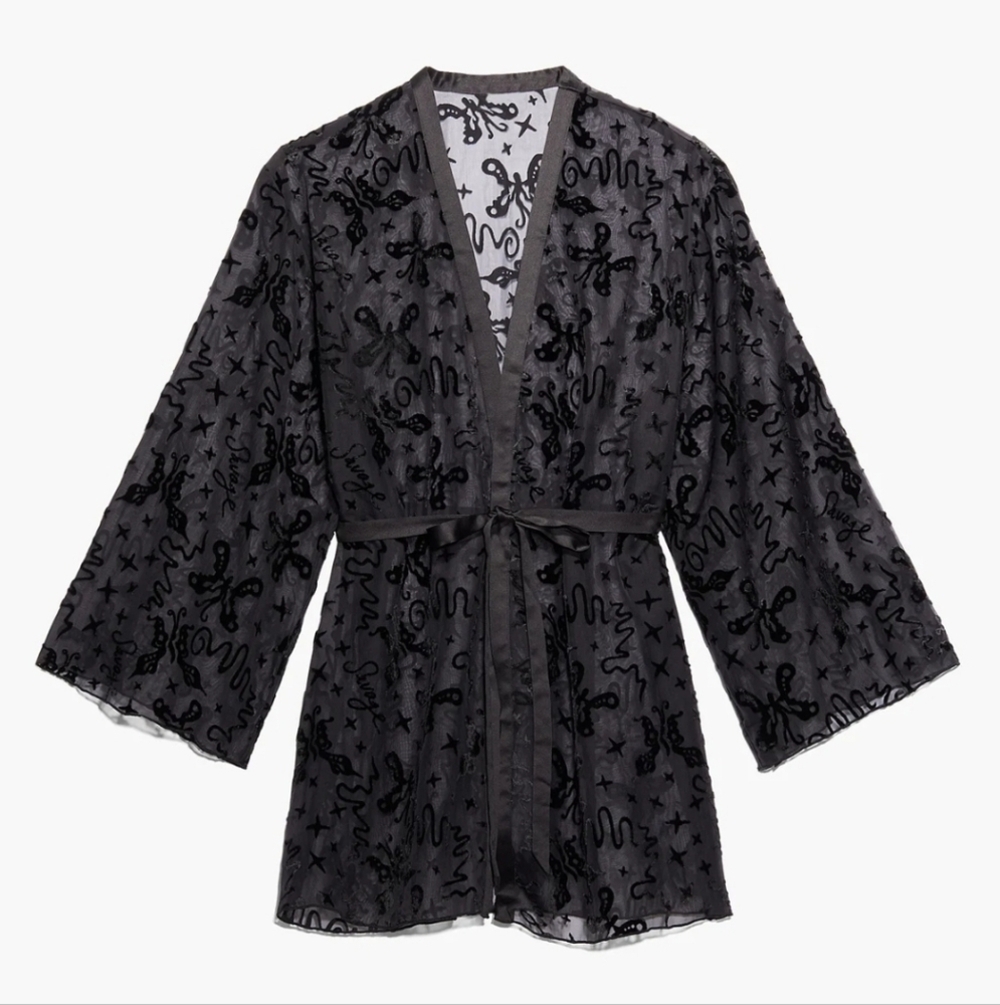 Savage X Fenty Devore Dreams Velvet Short Robe Black Medium NEW